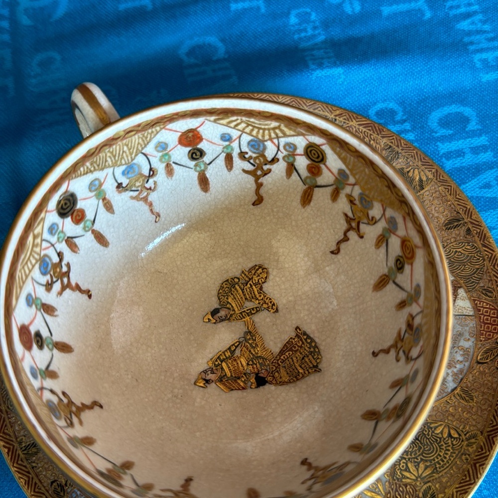 Antique Japanese satsuma ceramic painted tea cup and holding dish